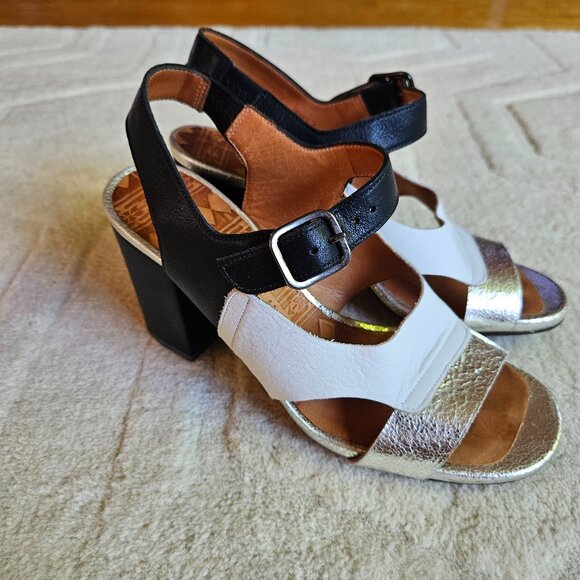 Chie Mihara Block Heel Sandals Sz 6.5/37 EUR Black White Silver - Picture 1 of 11